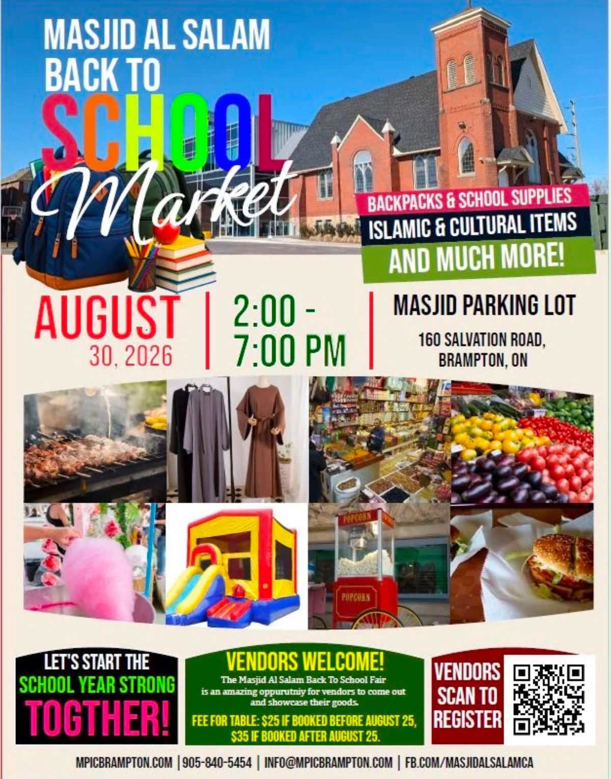Masjid Al Salam Back to School Market flyer - Sunday, August 30, 2026, 2:00 PM to 7:00 PM, Masjid parking lot, 160 Salvation Road, Brampton